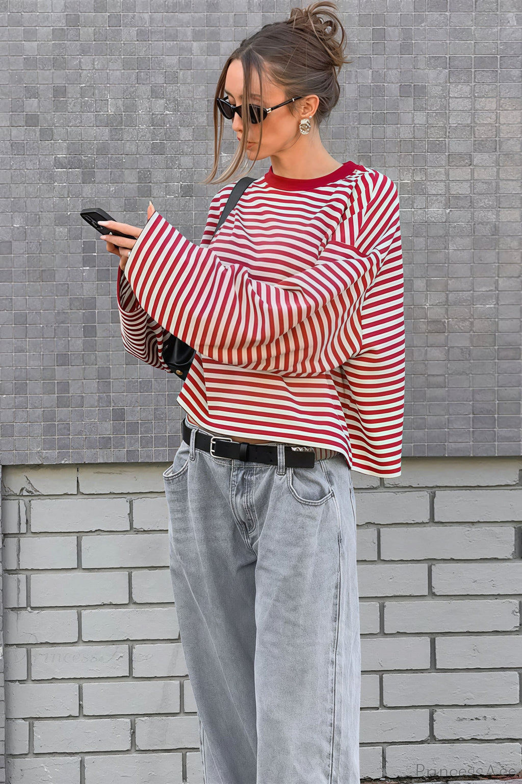 Striped Color Block Crew Neck Loose Long Sleeve Tee image 5