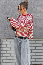 Striped Color Block Crew Neck Loose Long Sleeve Tee image 5