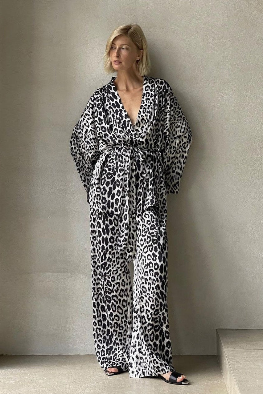 Chic Printed Long-Sleeve Shirt Belted Wide-Leg Pants Two Piece Set image 3