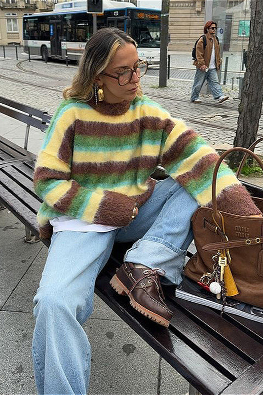 Slouchy Colorful Striped Crewneck Loose Knit Sweater image 4