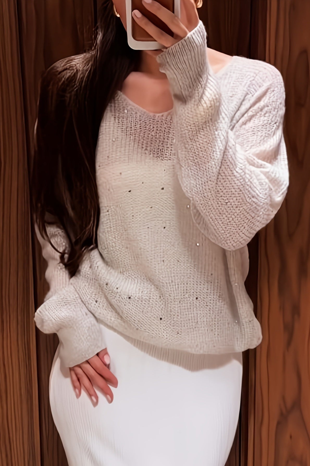 Rhinestone White V Neck Long Sleeve Knit Blouse image 1