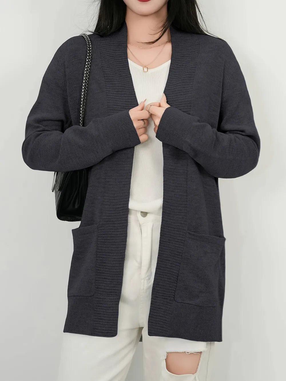 Anya Open Cardigan detail view styled for Avrienne