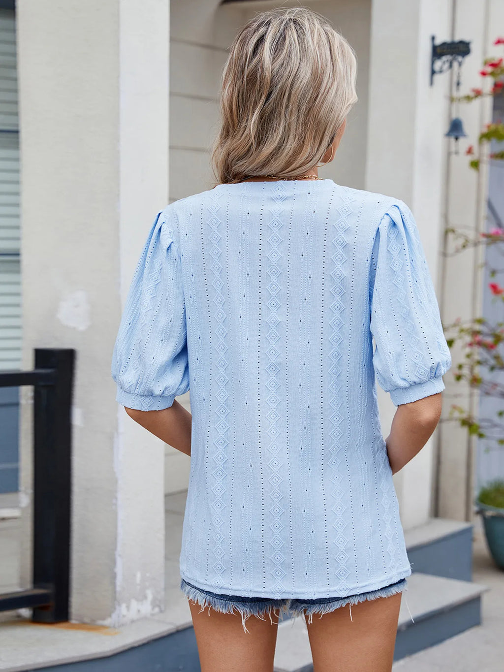 Mireille Eyelet Top detail view styled for Avrienne