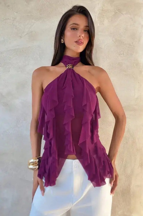 Chic Solid Ruffle Slim Halter Top image 1