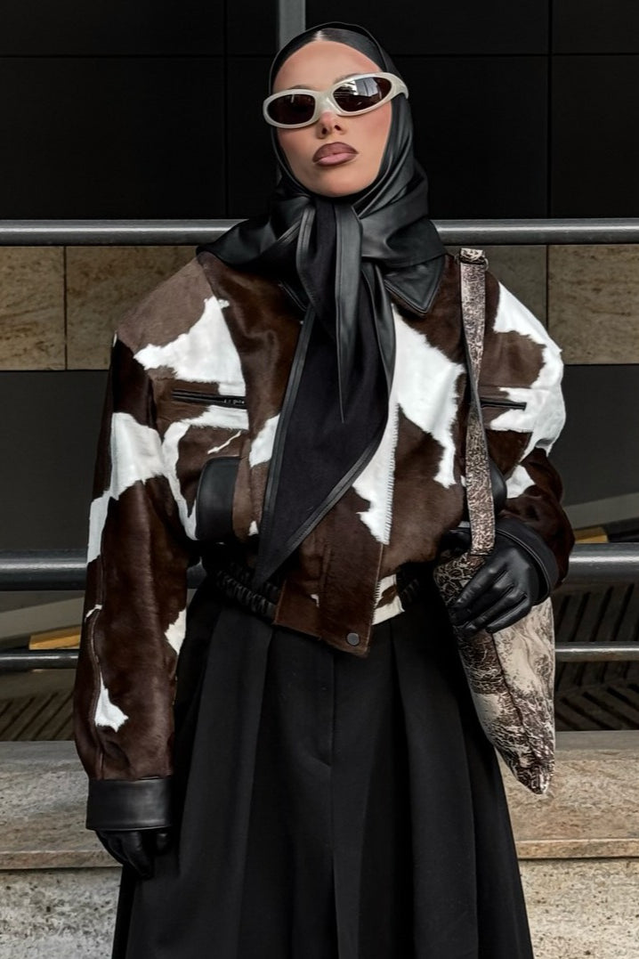 Cow Print Faux Leather Notch Collar Coat image 1