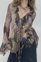 Vintage Print Contrast Mesh Tie Blouse image 2
