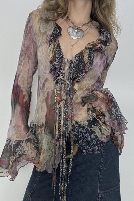 Vintage Print Contrast Mesh Tie Blouse image 2