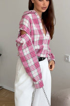 Pink Plaid Loose Fit Button-Up Blouse image 2
