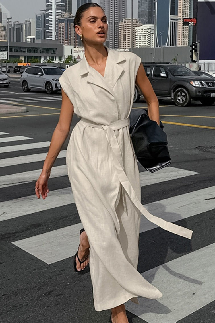 Linen Cotton High Waist Slit Tie Maxi Dress image 1