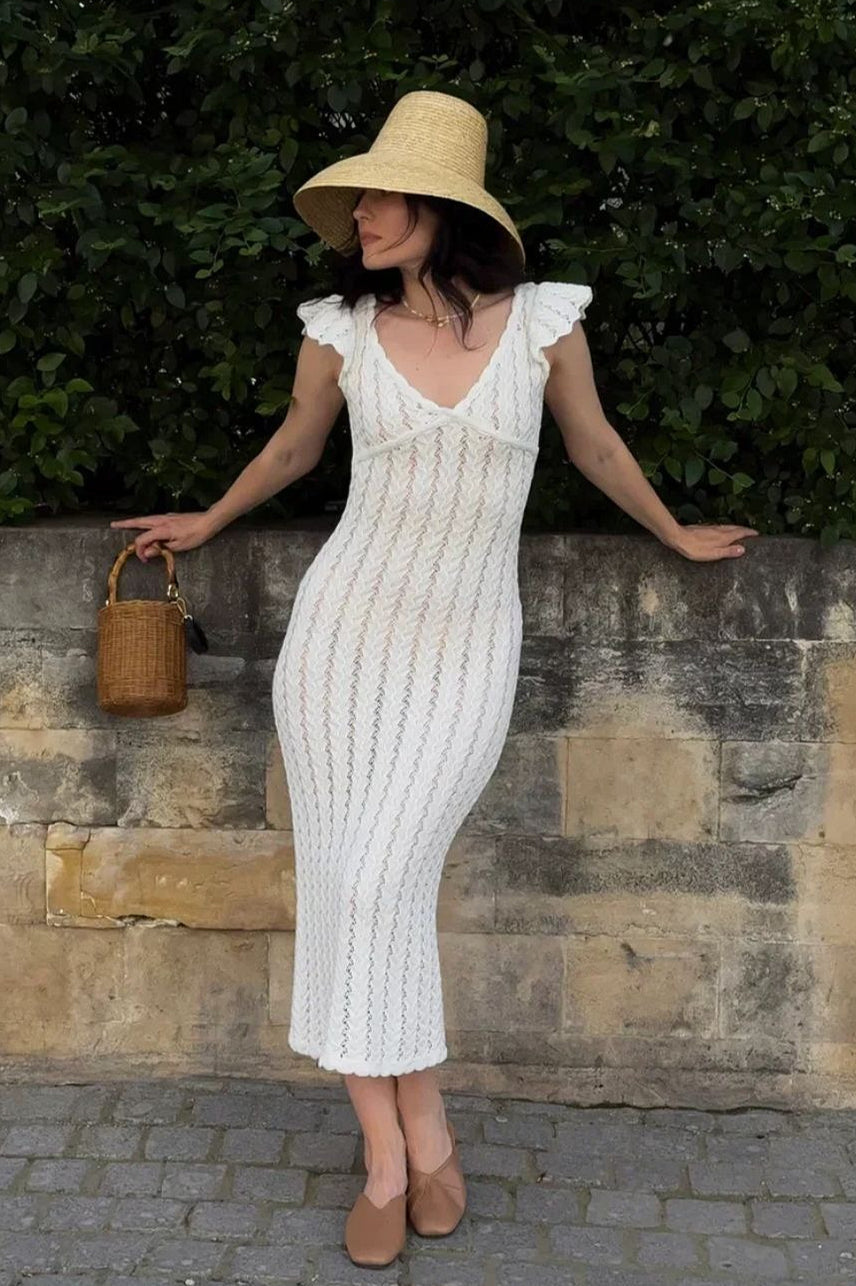 French Ruffle V Neck Knit Pastoral Maxi Dress image 7