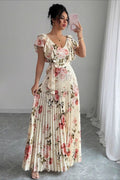 Floral Print Ruffle Sleeve V Neck Pleated Elegant Maxi Dress image 1