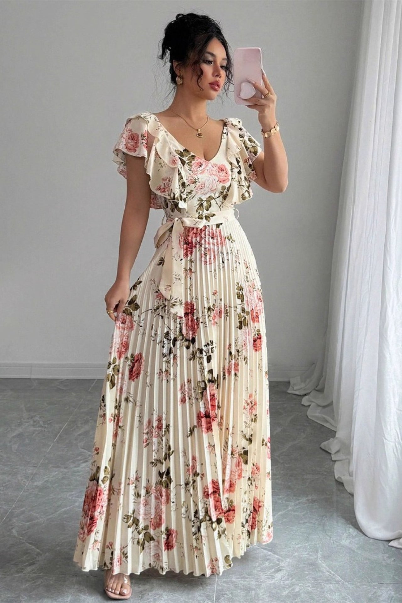 Floral Print Ruffle Sleeve V Neck Pleated Elegant Maxi Dress image 1