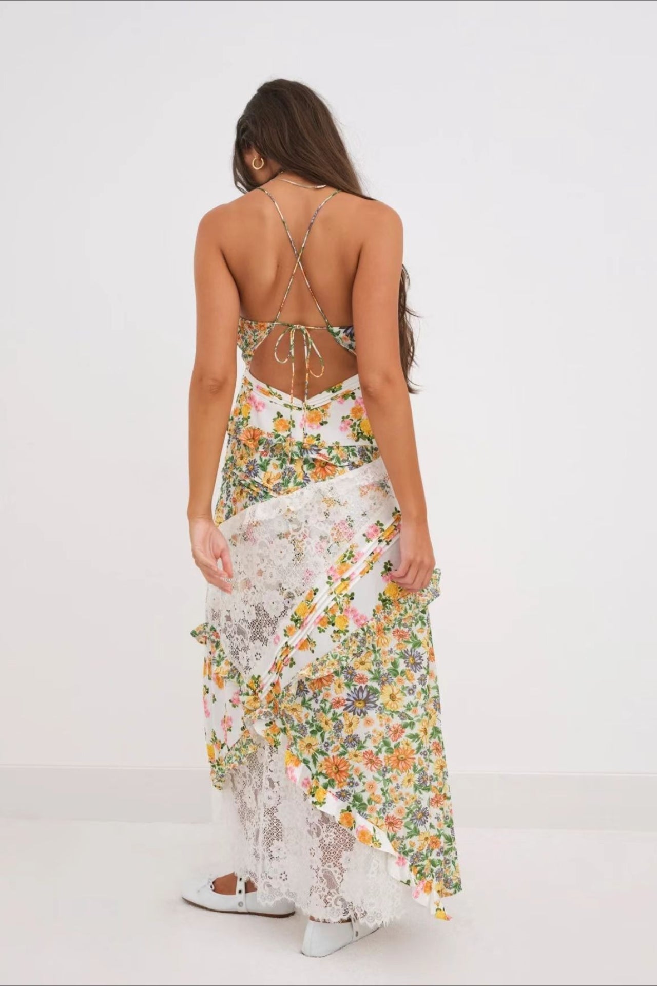 Deep V Ruffle Floral Lace Patchwork Cami Maxi Dress image 14