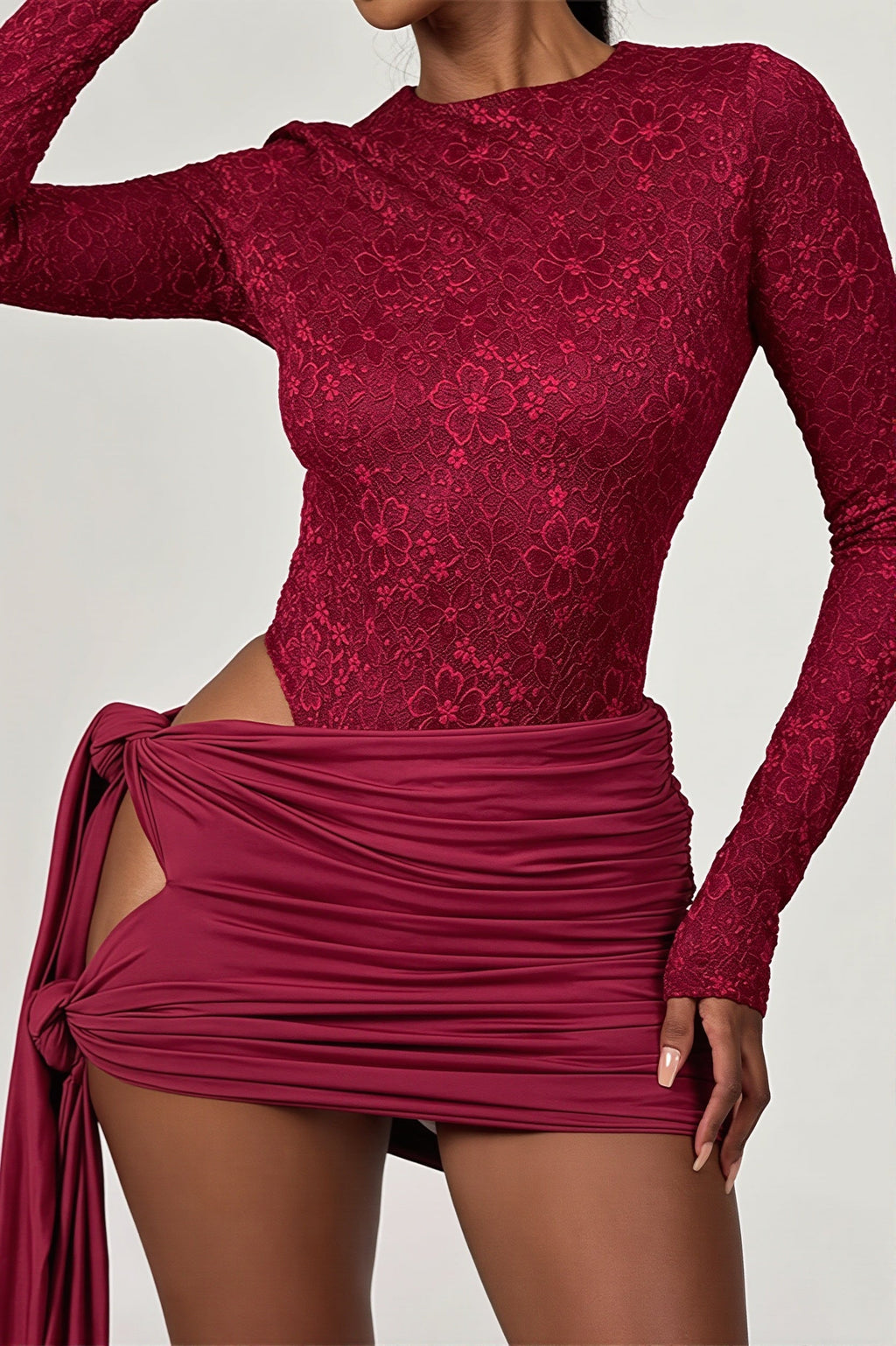 Sexy Lace Insert Long Sleeve Bodysuit Skirt Sets image 6