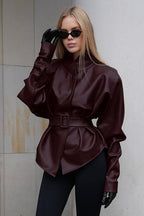 Stand Collar Trench Leather Jacket image 9