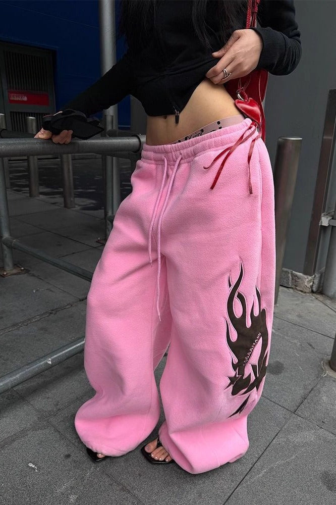 Thickened Flame Print Drawstring Wide-Leg Pants image 1