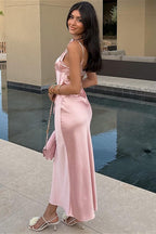 Satin Solid Strapless V Neck Tie Maxi Dress image 3