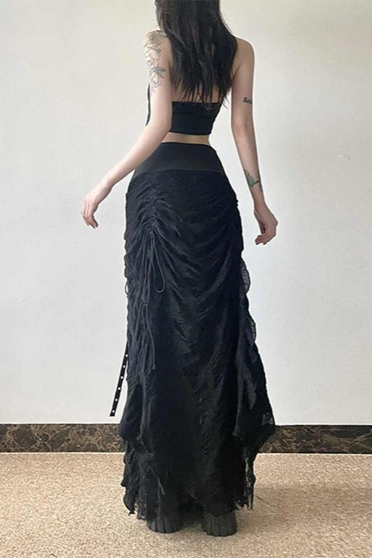 Y2K Goth Lace-Up Paneled Patchwork Maxi Skirt image 5