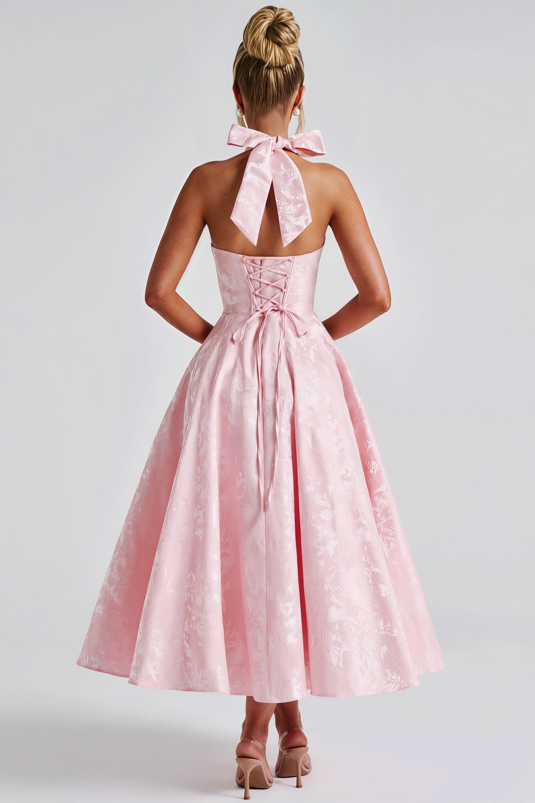 Halter V Neck Jacquard Backless Midi Dress image 4