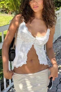 White Satin Lace Trim Button Cami Top image 1