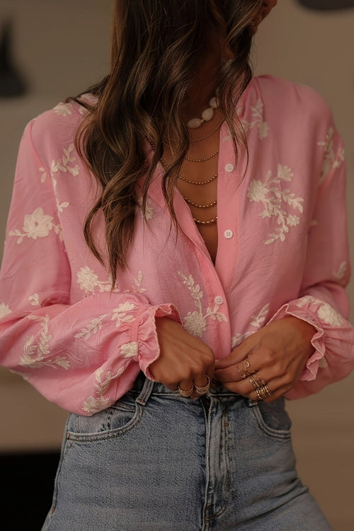 Collared Print Puff Sleeve Blouse image 2