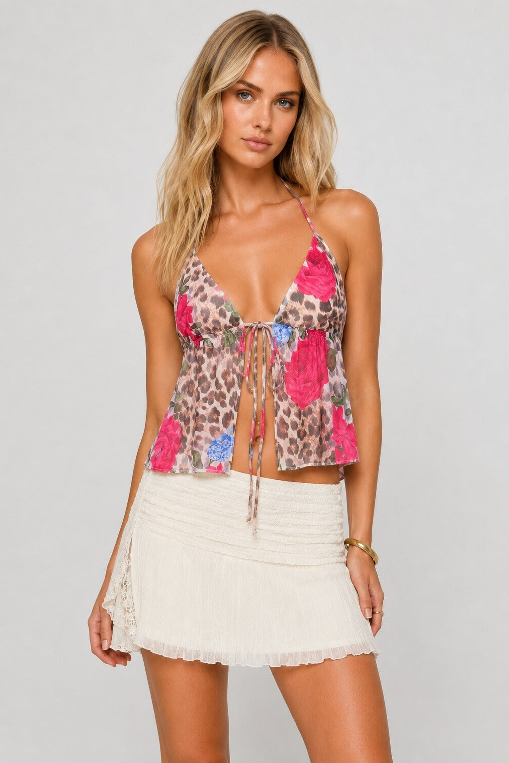 Leopard Floral Sexy Tie Halter Top image 4