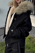 Black Short Puffer Fur Collar Jacket image 2