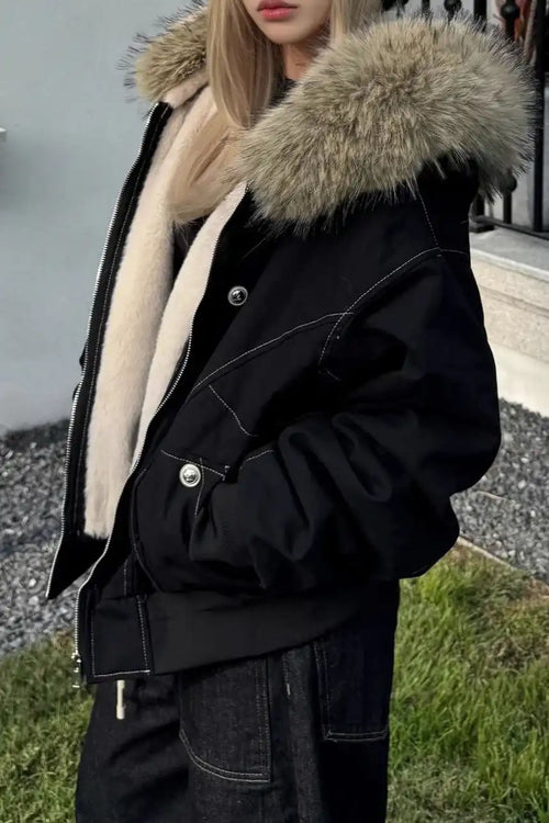 Black Short Puffer Fur Collar Jacket image 2