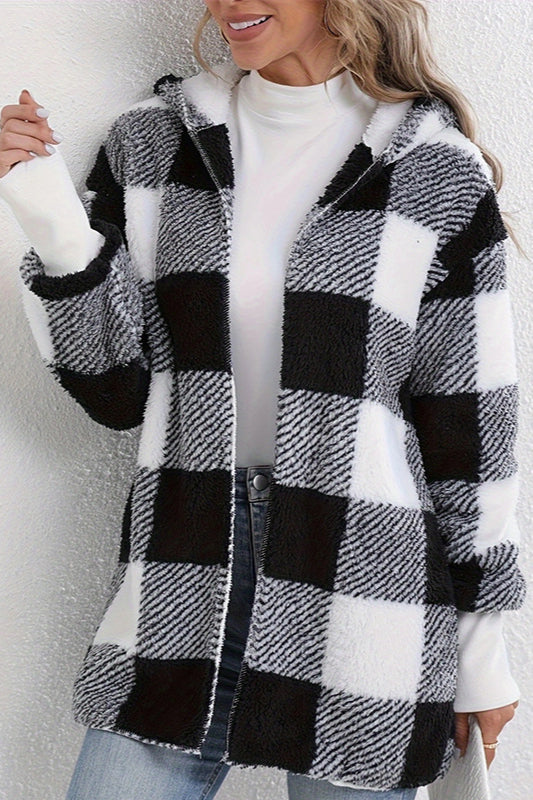 Plaid Fuzzy Hooded Mid-Length Coat image 2