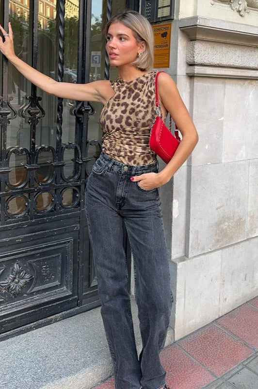 Ruched Leopard Bodysuit Crop Top image 3