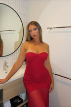 Mesh Patchwork Strapless Shirred Backless Bodycon Maxi Dress image 5