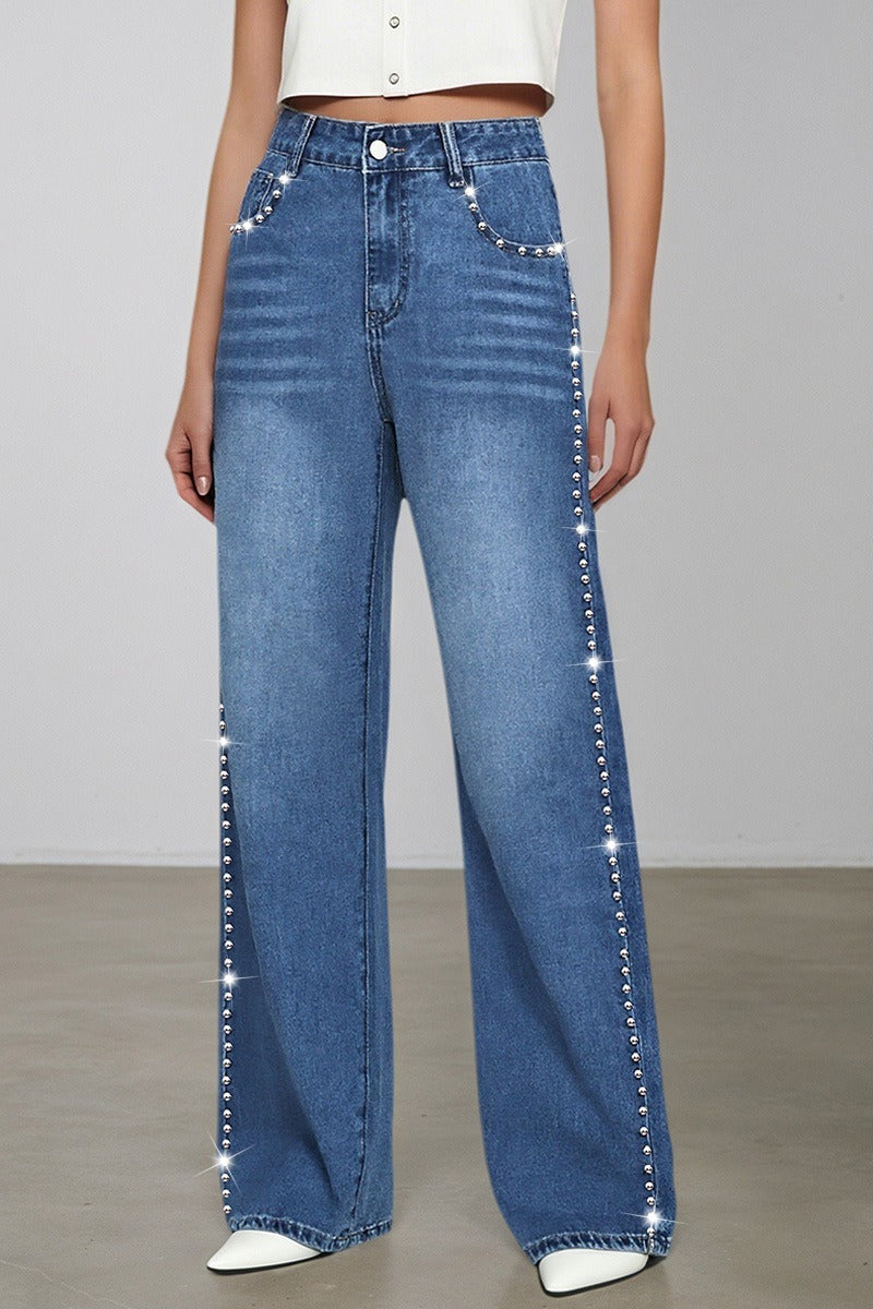 Washed Beaded High Waist Straight Leg Jeans image 2