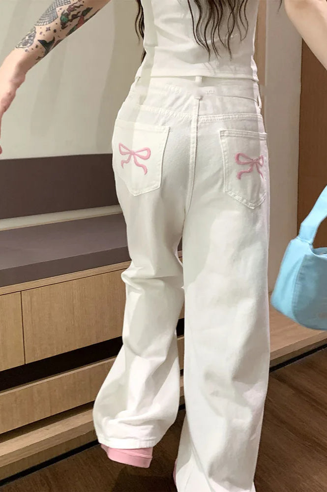 Embroidered Pink Bow Wide Leg Jeans image 21