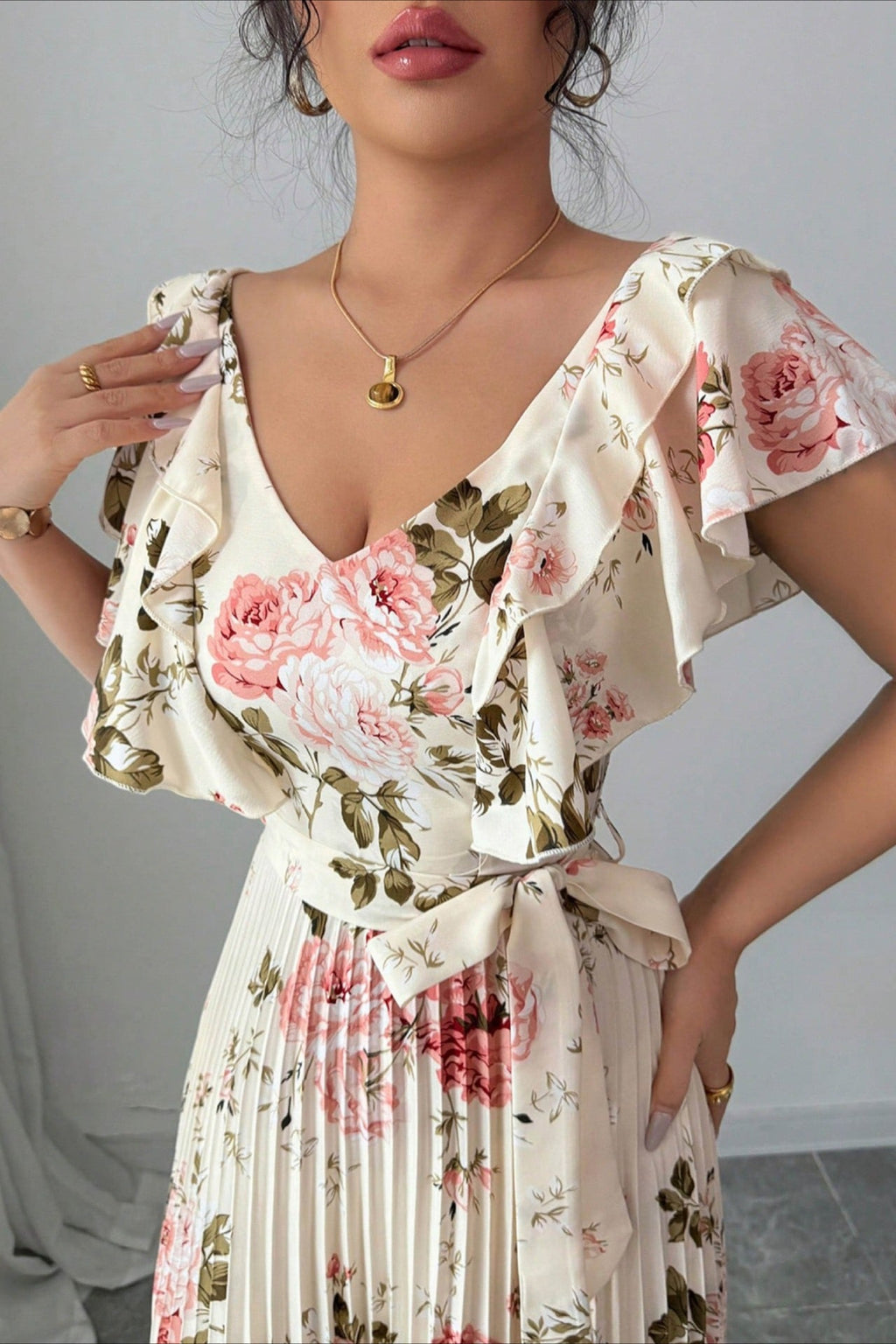 Floral Print Ruffle Sleeve V Neck Pleated Elegant Maxi Dress image 5