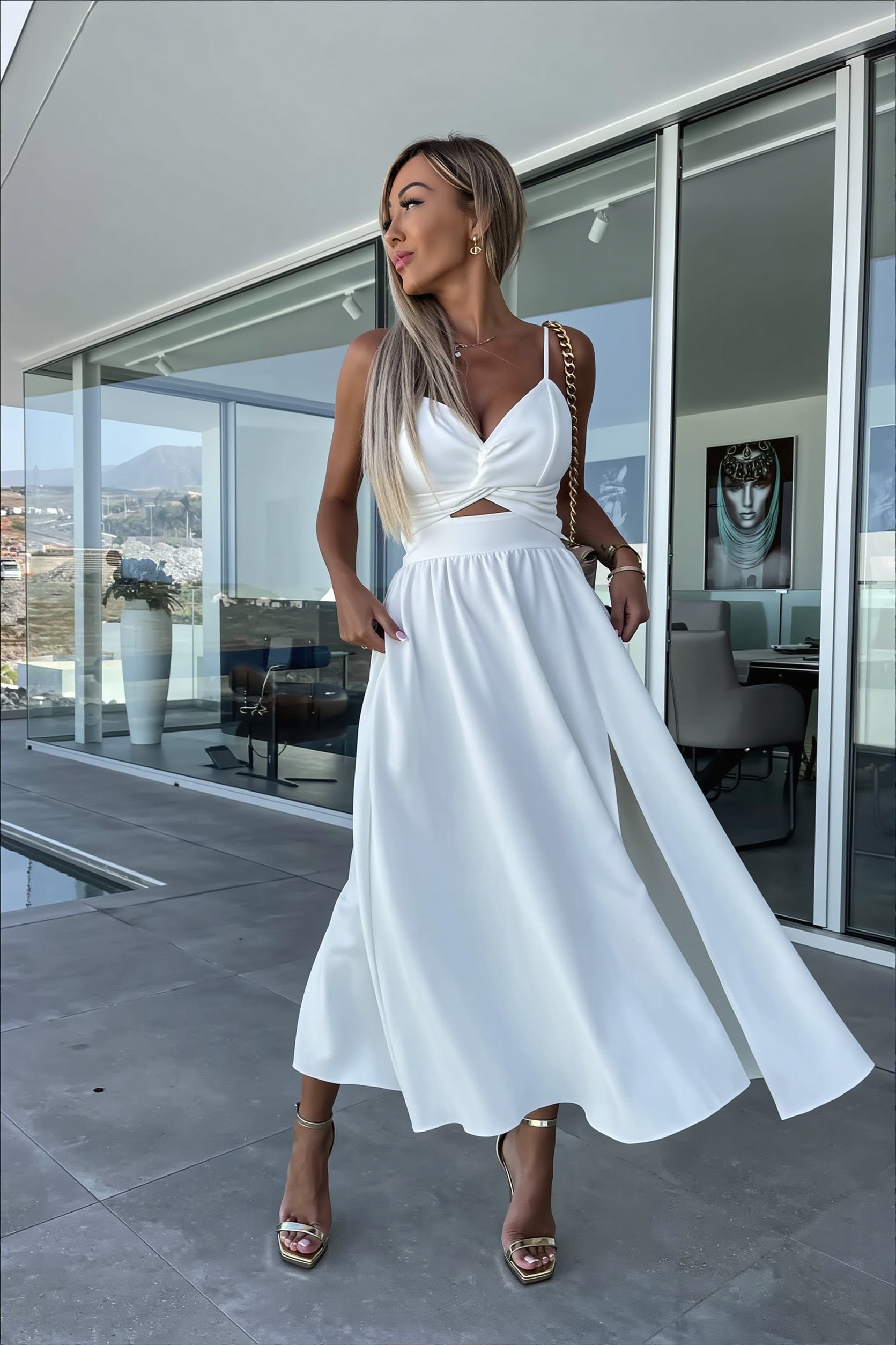 Solid Deep V Cut Out Cami Swing Slit Maxi Dress image 4