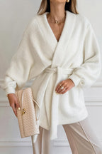 White Fuzzy Tie Waist Mid-Length Relaxed Cardigan image 1