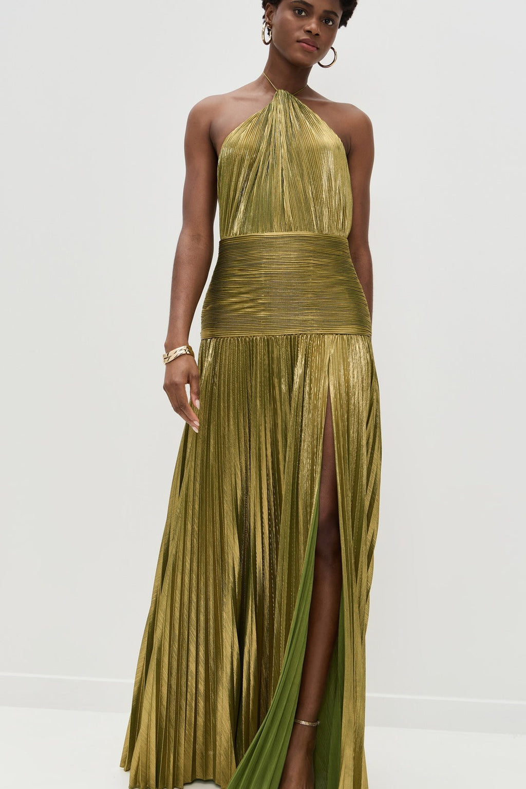 Metallic Pleated Halter Backless Tie Slit Maxi Dress image 3