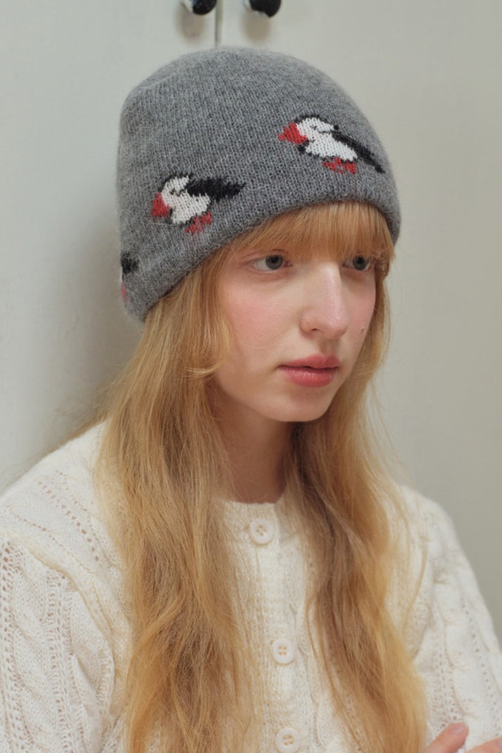 Rabbit Hair Blend Bird Pattern Color Block Knitted Hat image 2