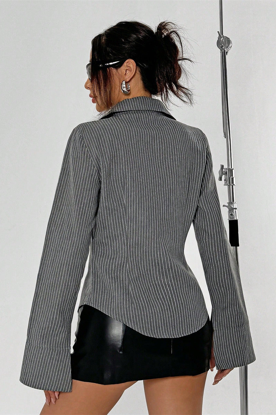 Button Striped Long Sleeve Shirt Cardigan Blouse image 4