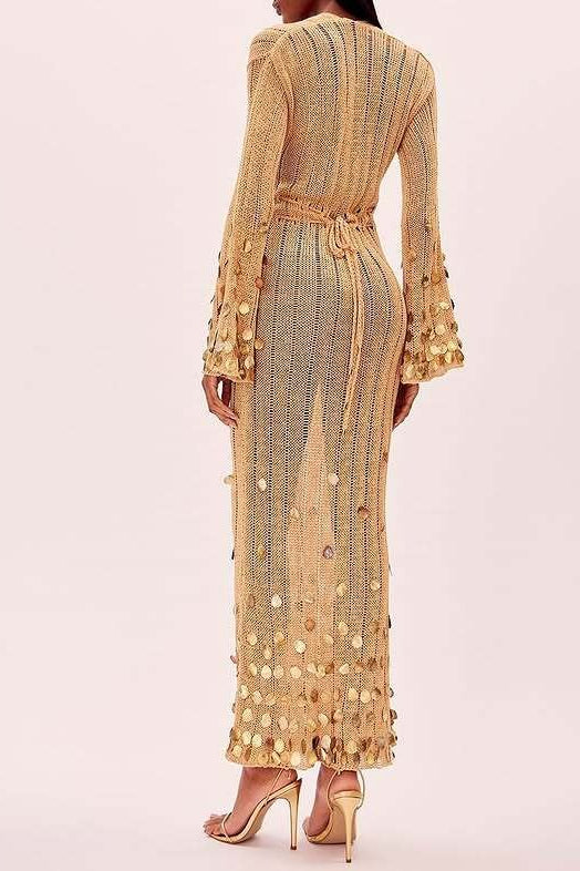 V Neck Belted Sequin Knit Maxi Dress image 5