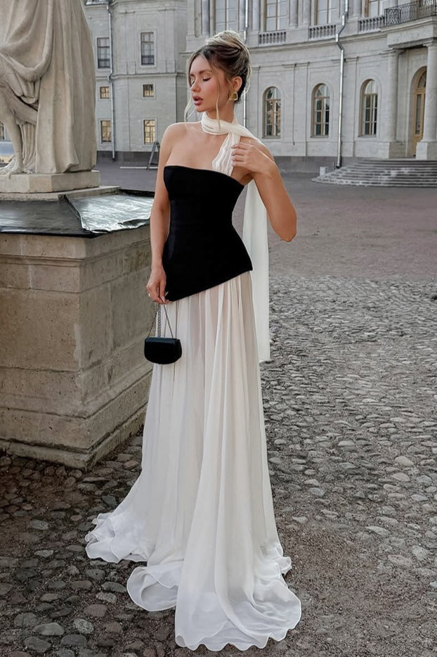 Elegant Flared Wavy Trim Color Block Maxi Dress image 1