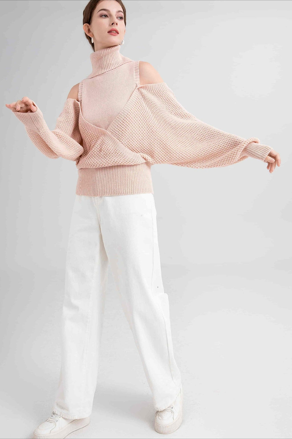 High Neck Off-Shoulder Double Layer Knit Sweater image 5