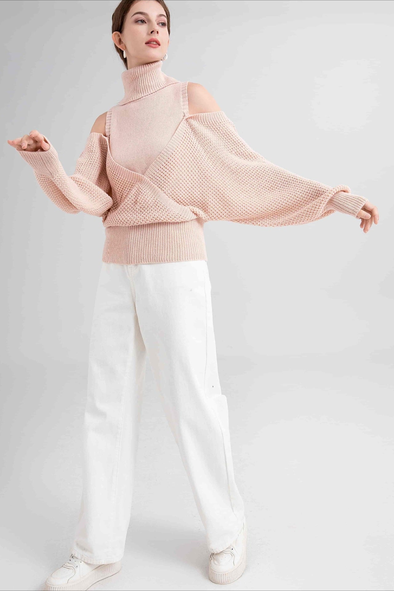 High Neck Off-Shoulder Double Layer Knit Sweater image 5