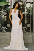 Solid Halter V Neck Boning Waist Mesh Maxi Dress image 7
