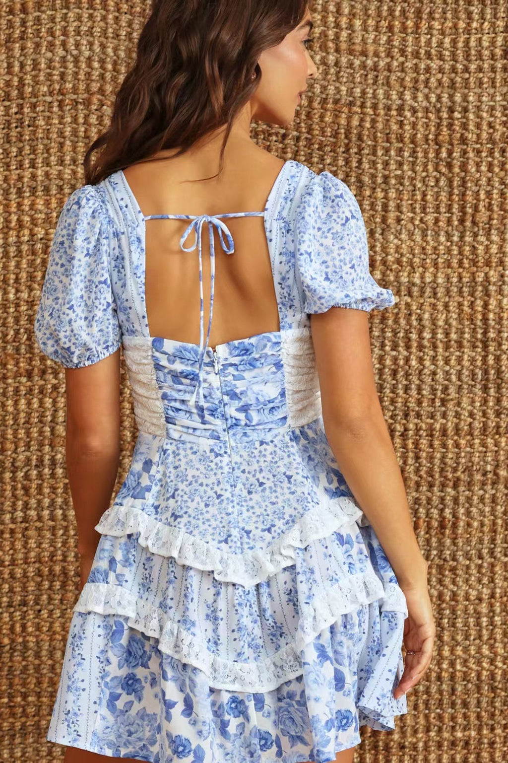 Floral Lace Patchwork V Neck Puff Short Sleeve Mini Dress image 14