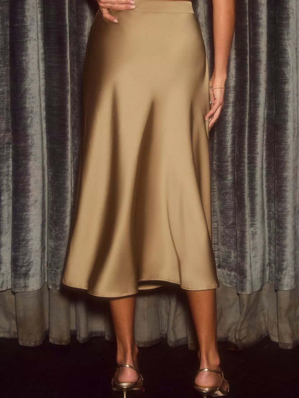 Eden Satin Skirt detail view styled for Avrienne
