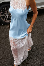 Chic Lace Trim Satin Halter Neck Slim Maxi Dress image 1