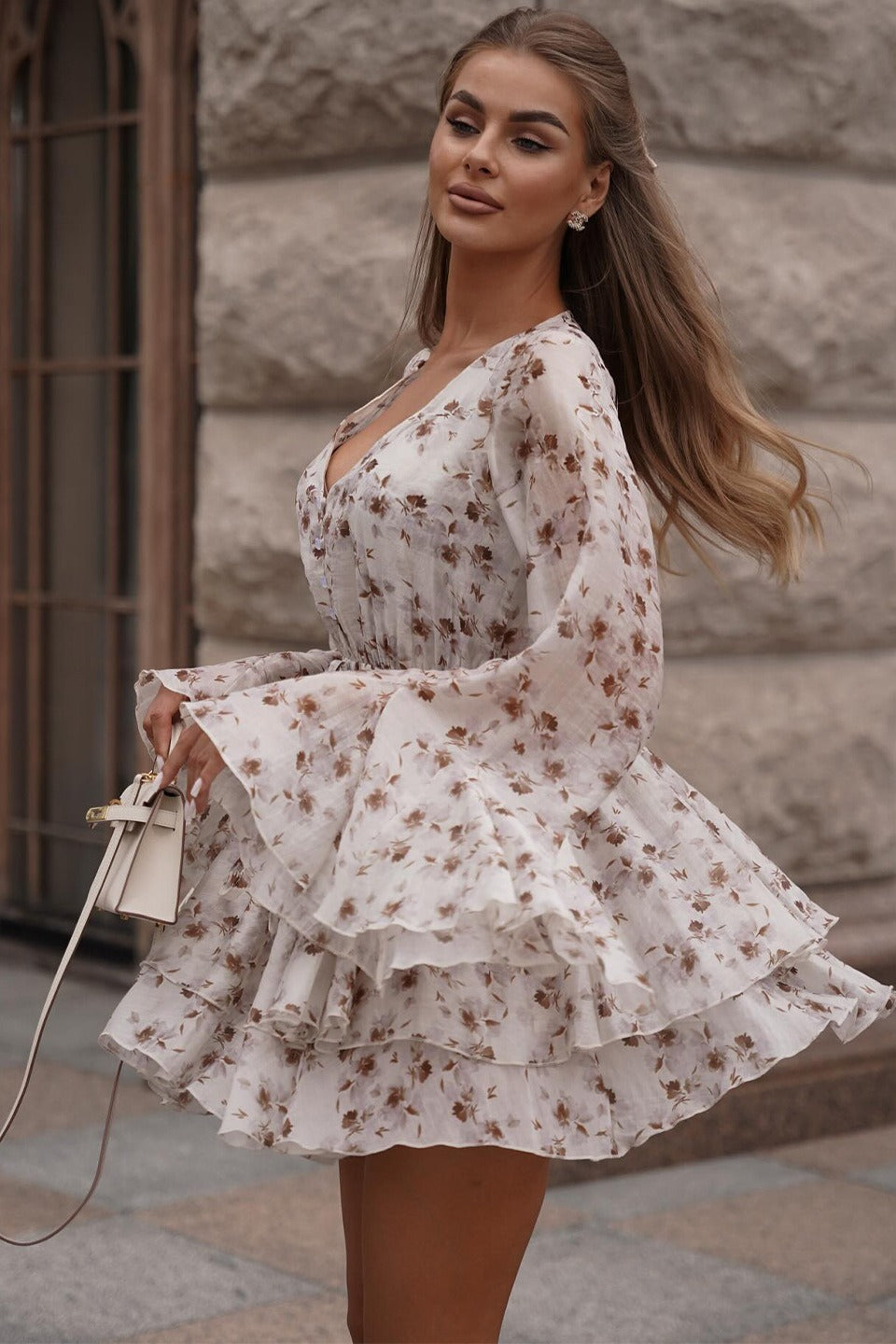 French Floral V-Neck Ruffled Mini Dress image 3
