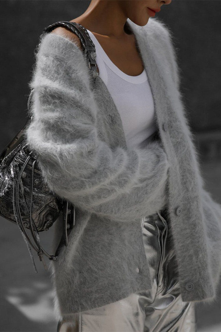 V-Neck Fluffy Knit Cardigan Sweater image 13