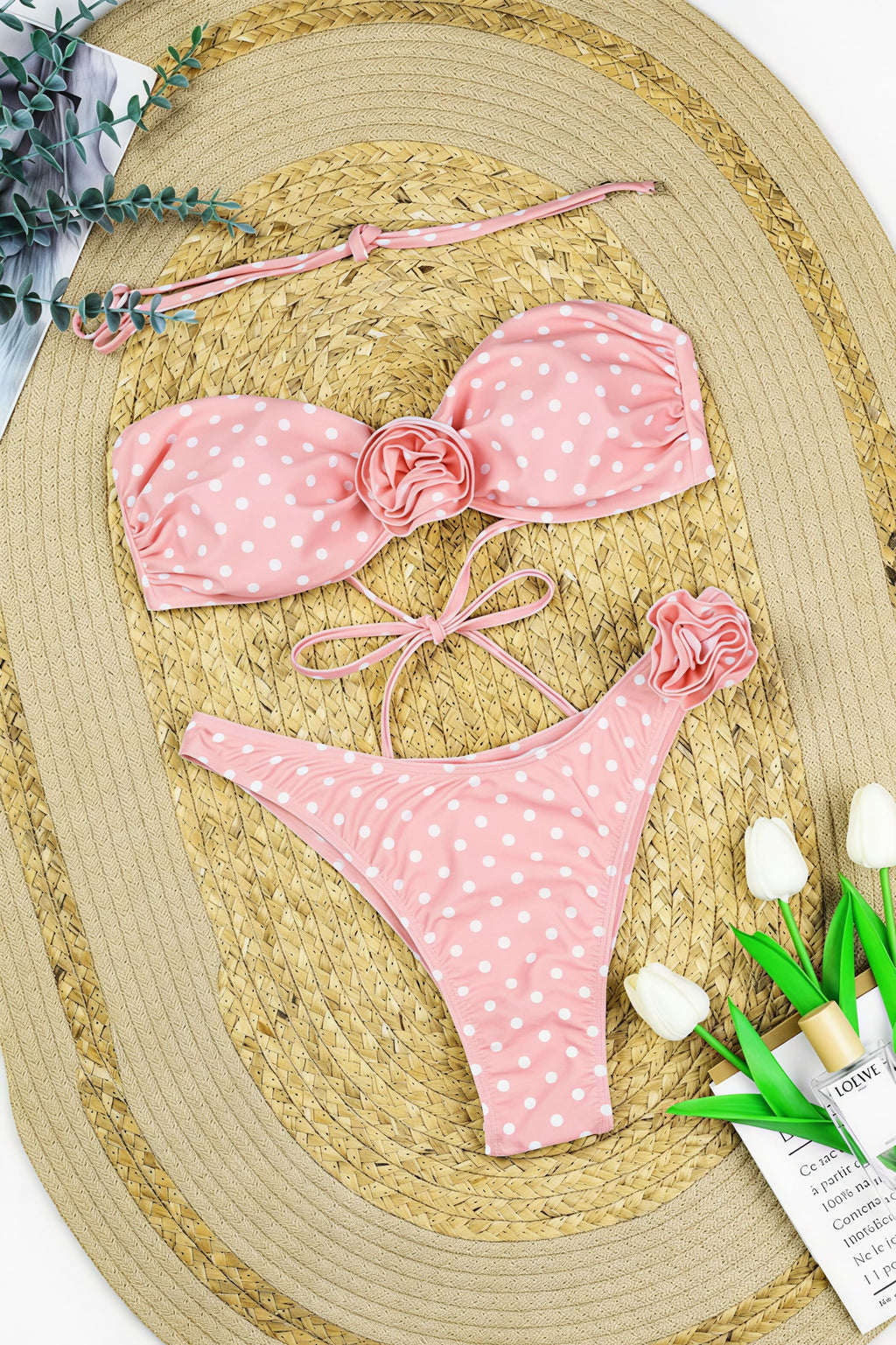 Chic Dot Print Floral Embroidery High Waist Bikini Sets image 4